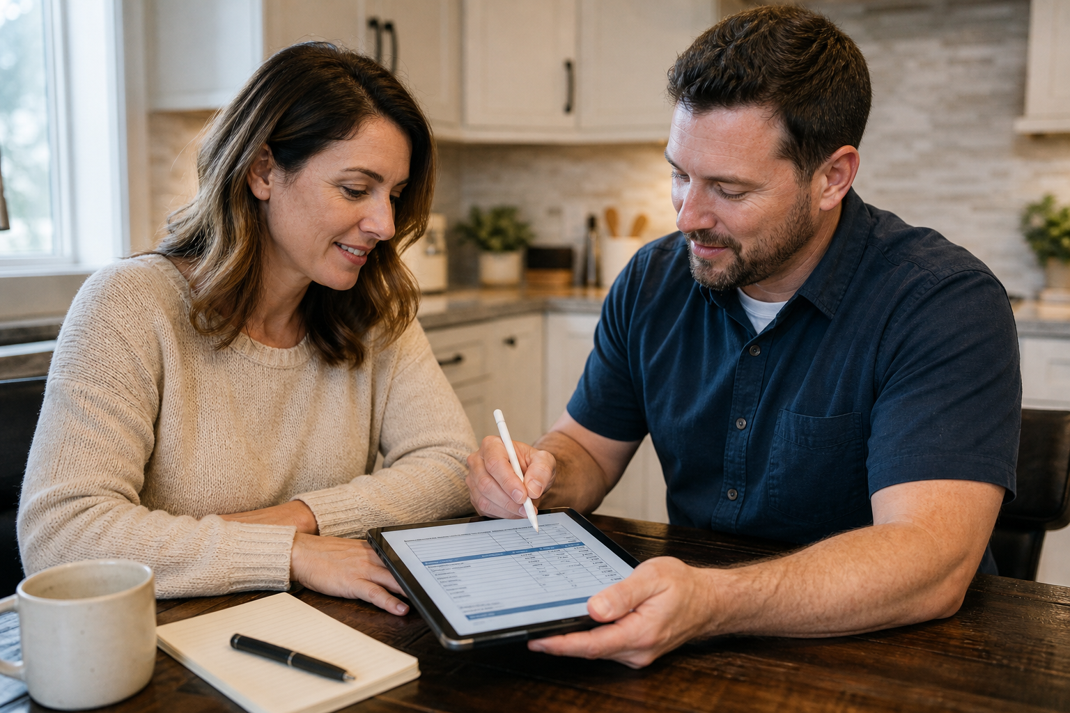 Homeowner and contractor reviewing a signed project estimate on a tablet at a kitchen table