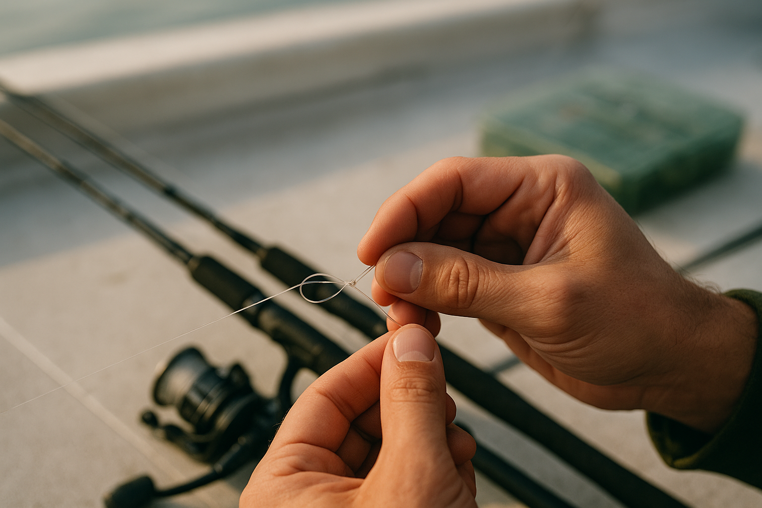 Close-up of a captain demonstrating a fishing knot during a private instruction charter