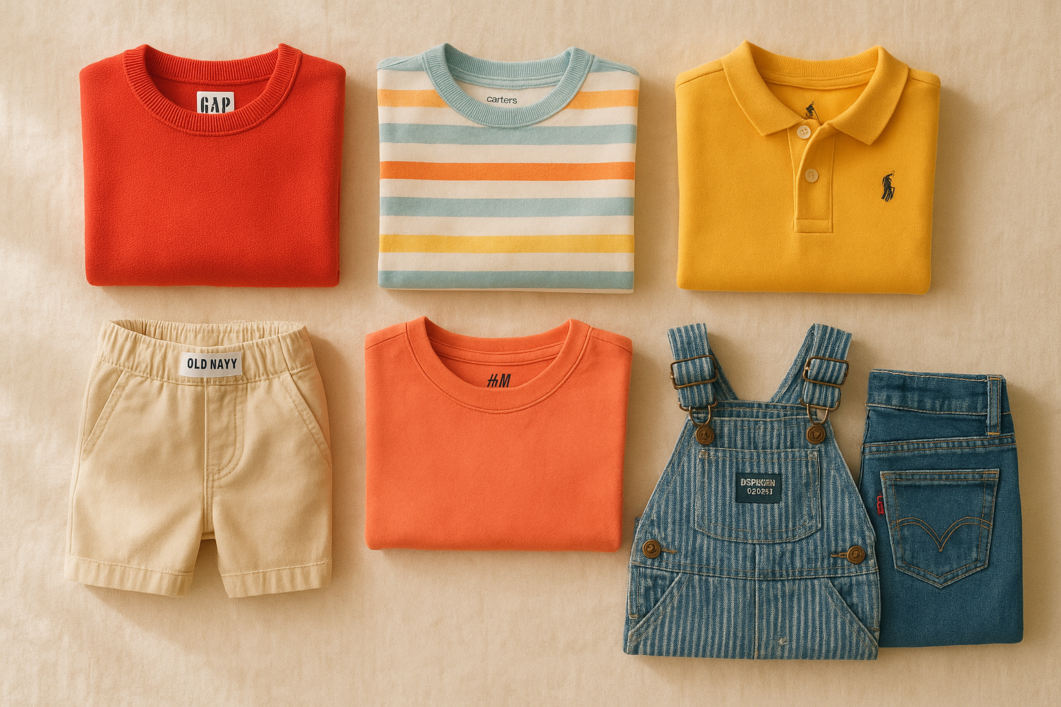 Flat lay of brand name kids fashion items neatly arranged on a linen surface