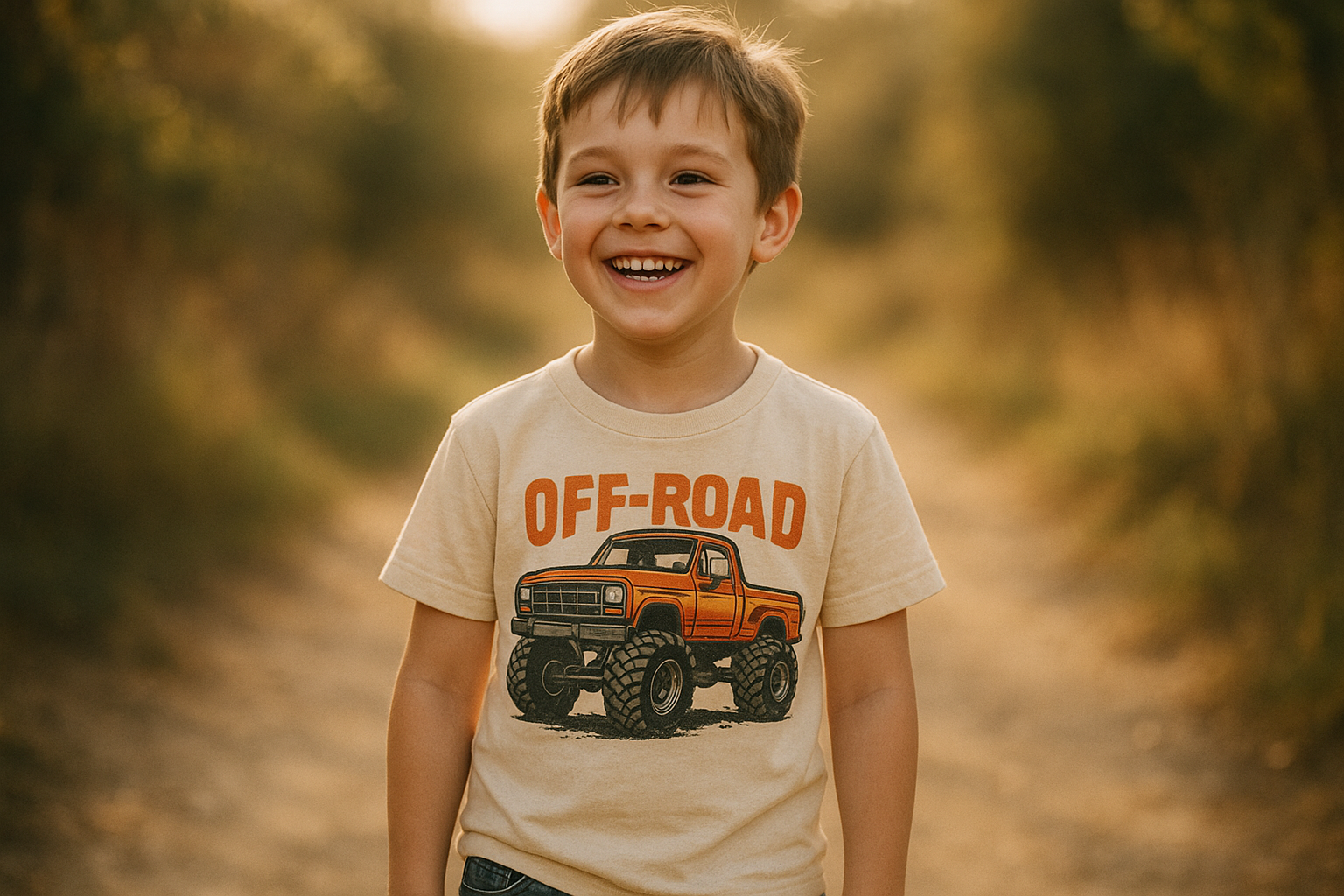 Child wearing custom kids' graphic tees with a vintage off-road truck design