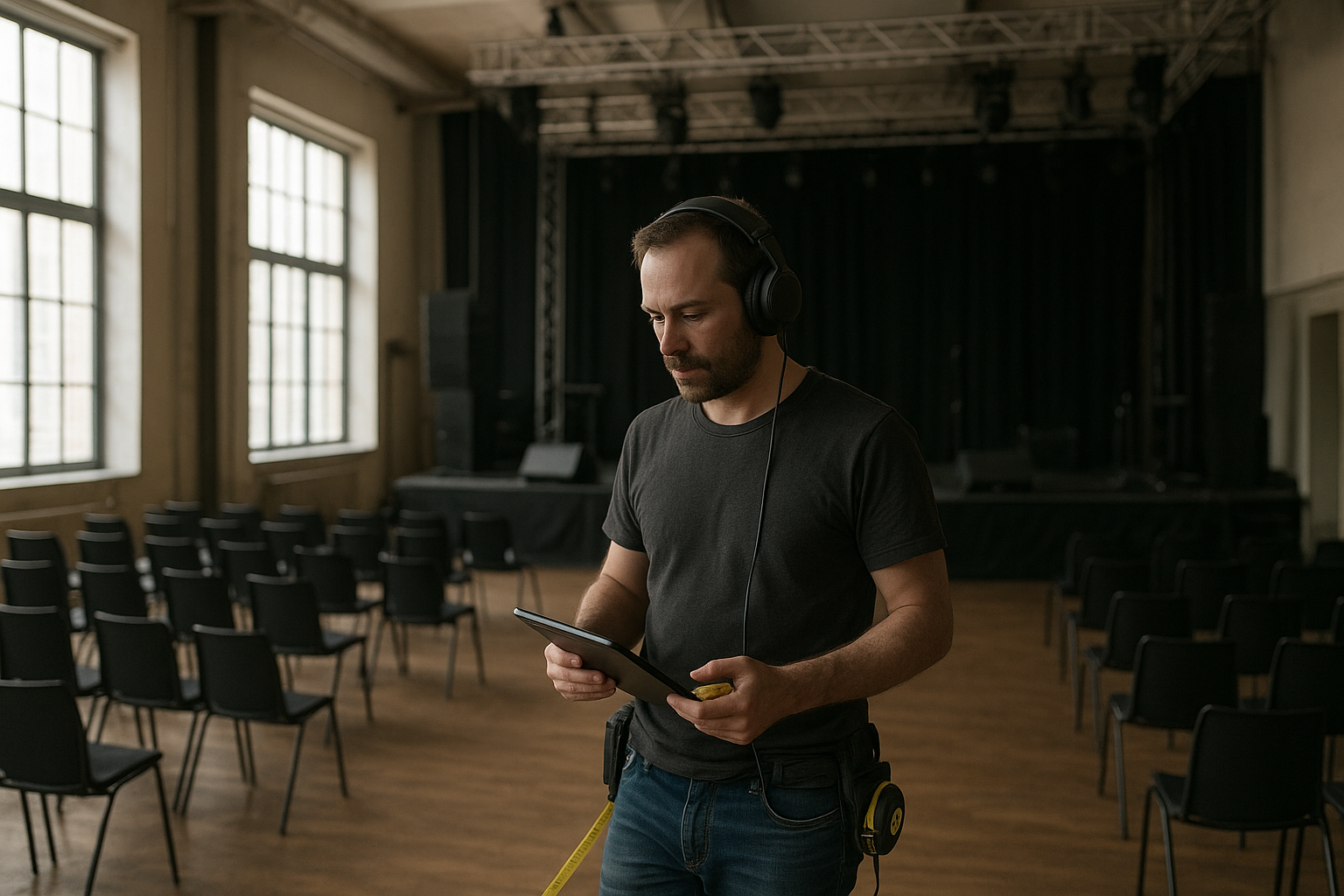 Audio technician conducting a venue walk-through before setting up event sound equipment