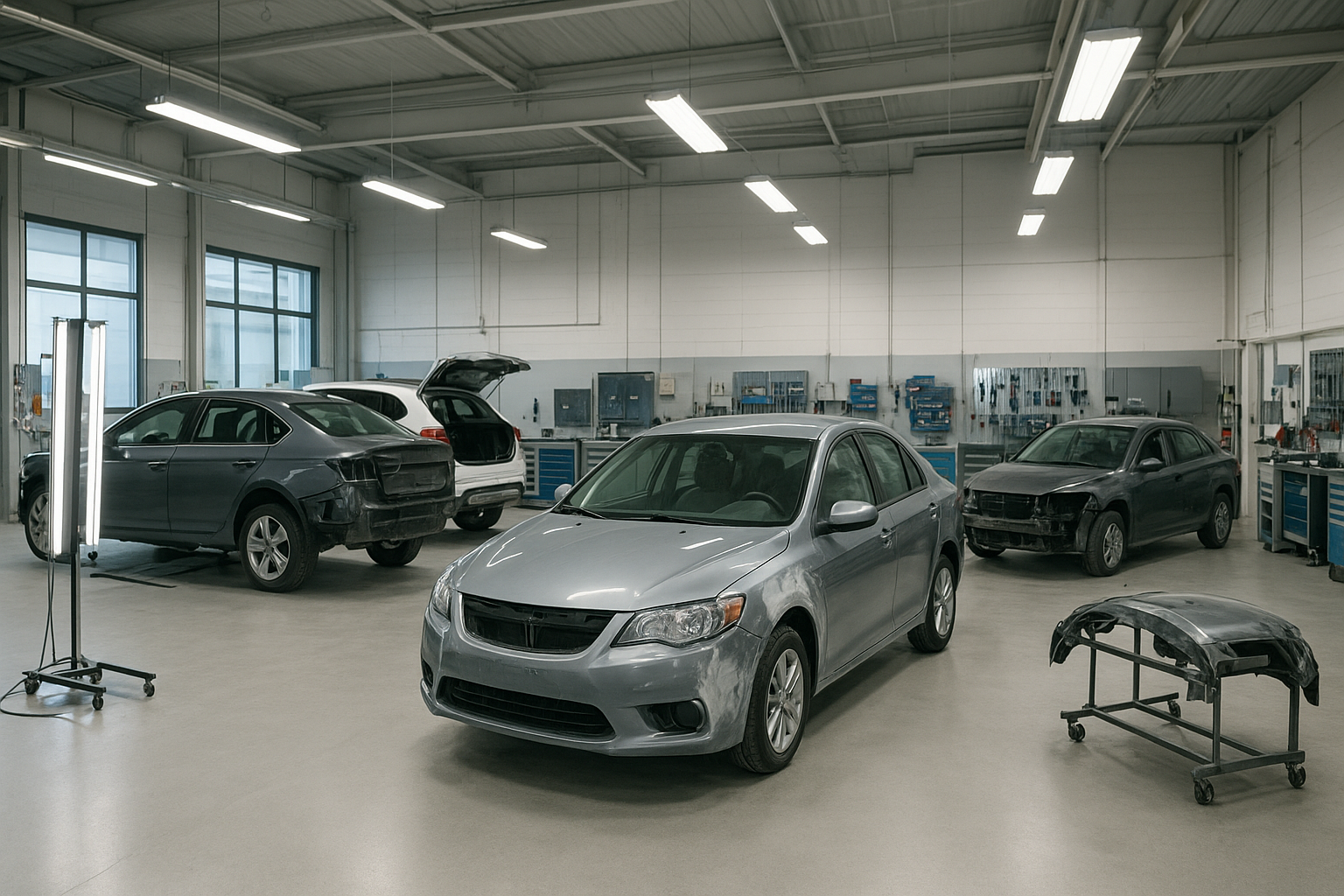 Modern auto body shop interior with vehicles undergoing professional body panel restoration and repair