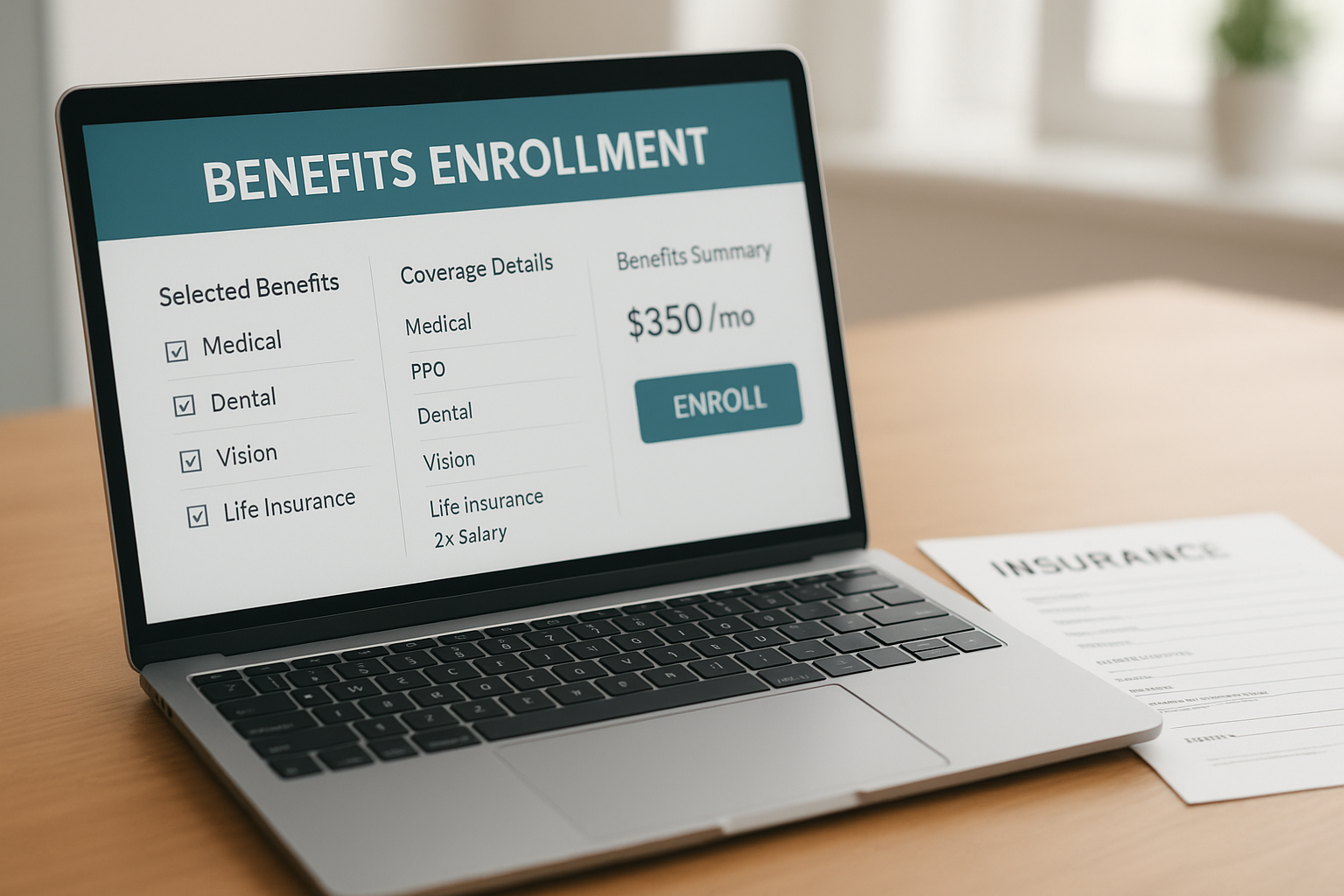 Laptop and printed documents used for reviewing employee benefits enrollment options