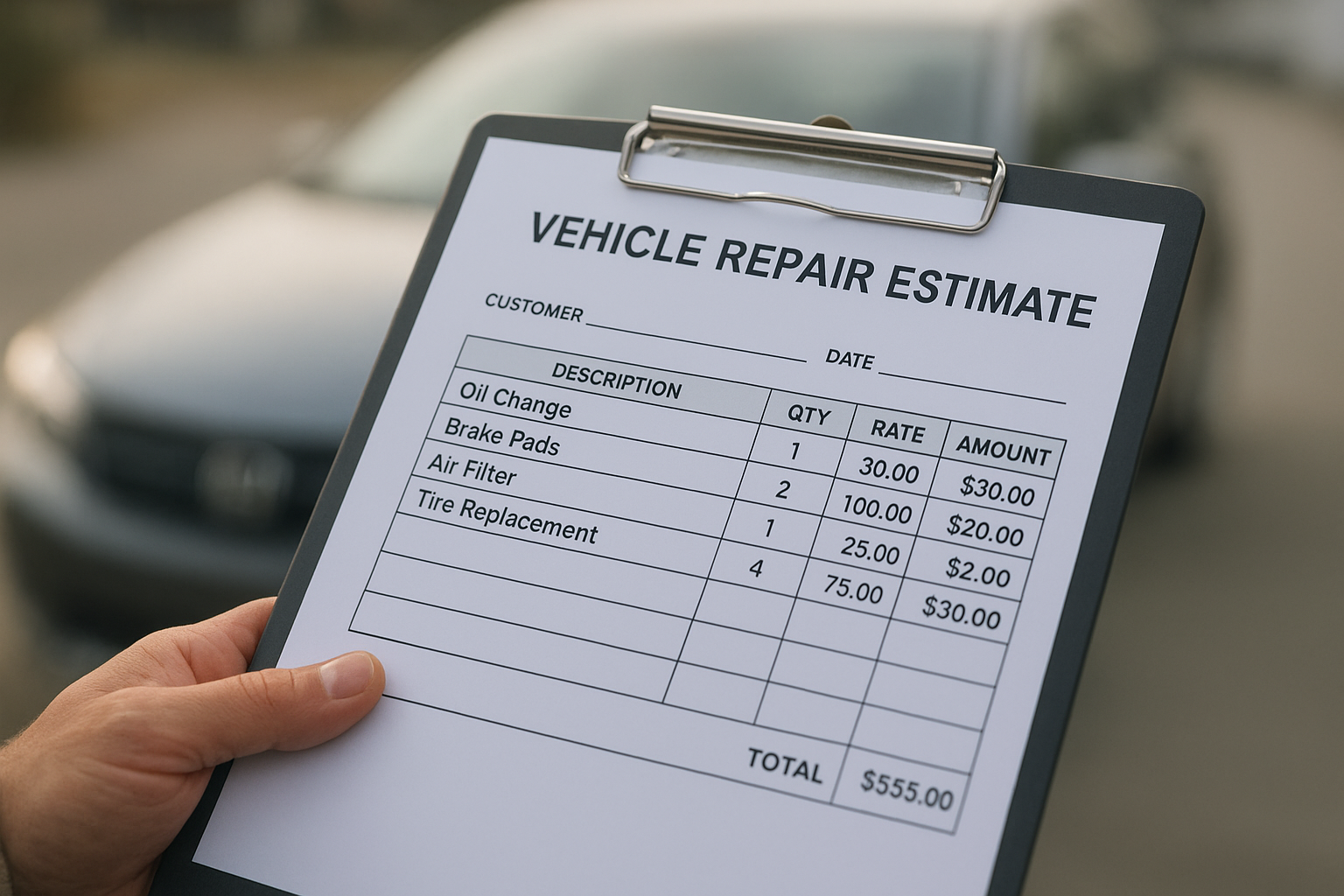 Itemized written estimate form used for comparing collision repair pricing