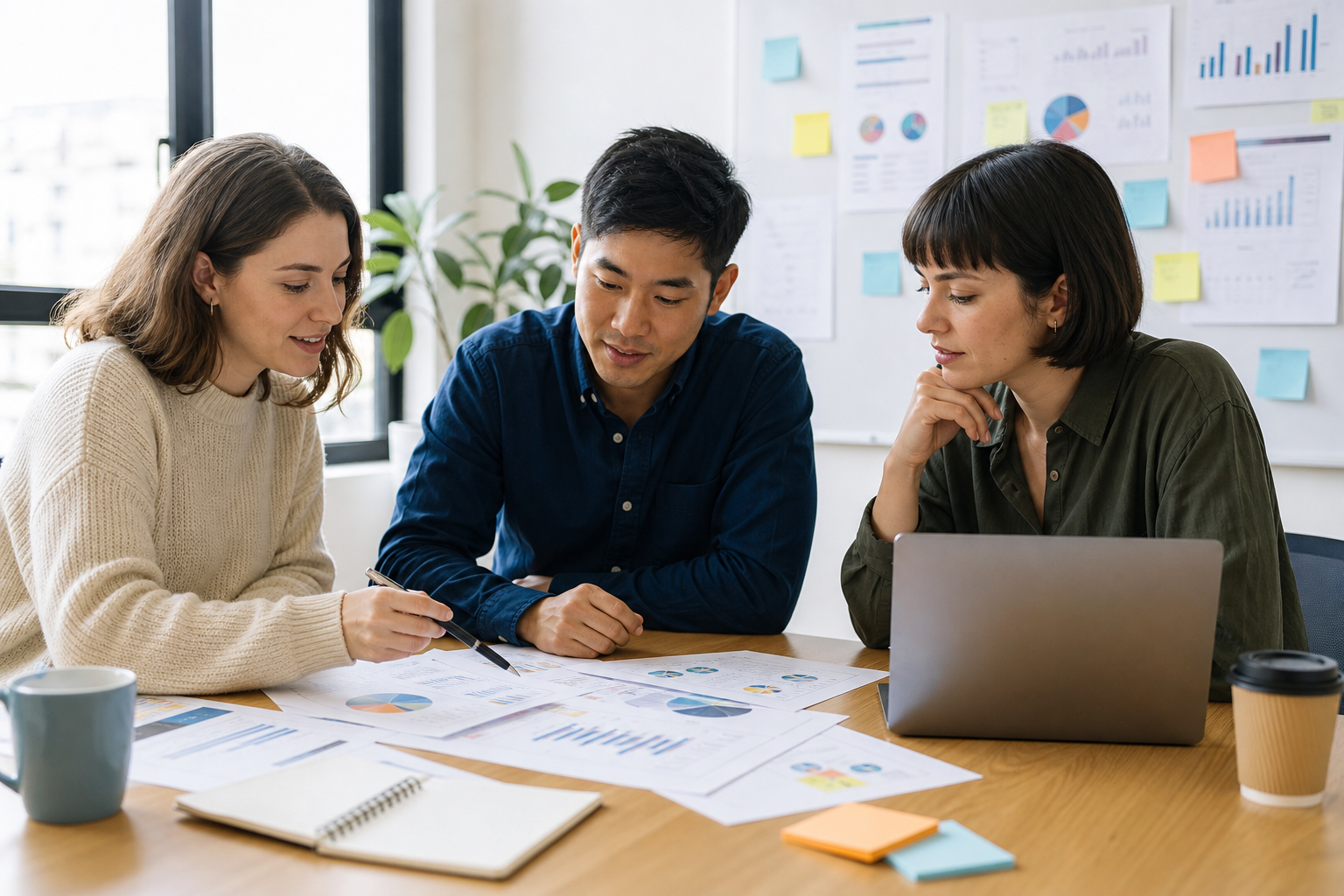 Marketing team planning an influencer outreach campaign around a table with a laptop