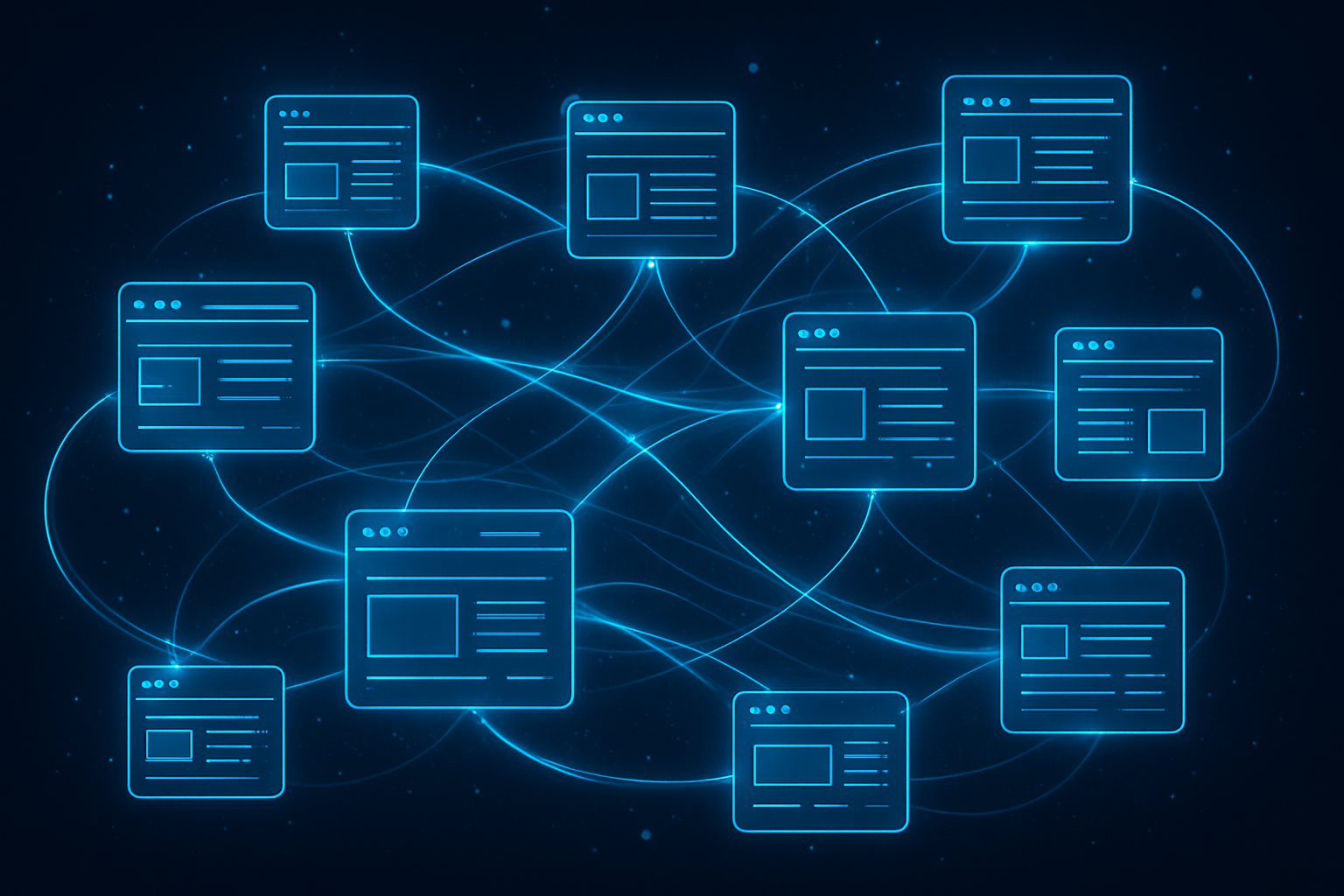 Visual representation of bulk SEO optimization connecting thousands of web pages through an automated rules network
