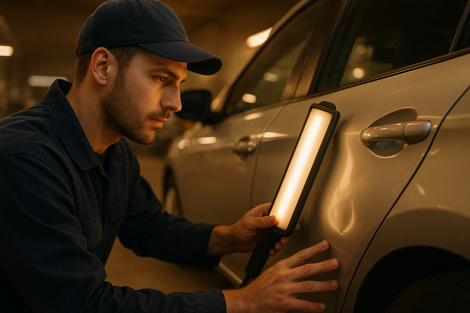 Auto body specialists near me inspecting a damaged vehicle panel in a repair shop