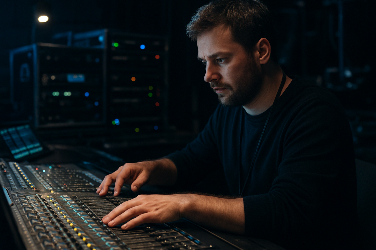 AV technician operating a mixing console during a private event production