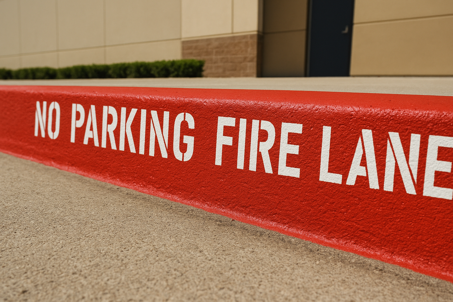 Close-up of freshly painted fire lane curb markings as part of road marking services in Texas