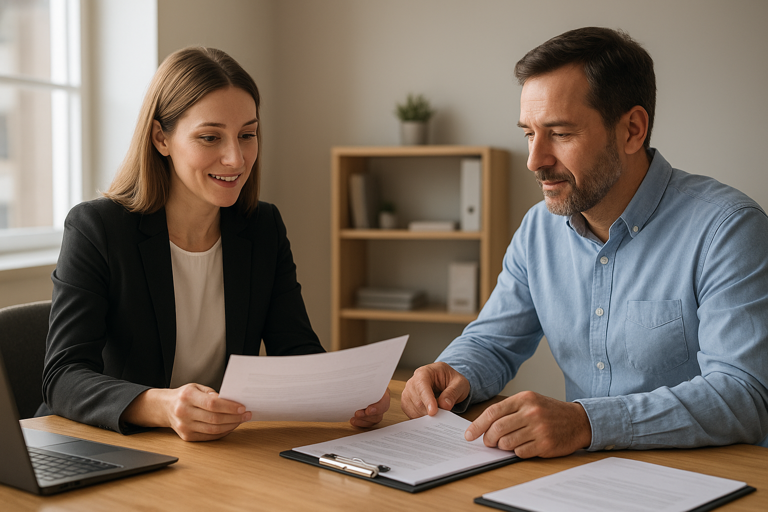 HR consultant reviewing contract HR services agreement with a small business owner