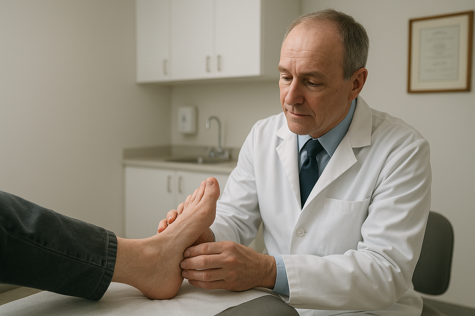 Podiatrist examining a patient's foot before recommending orthopedic arch supports