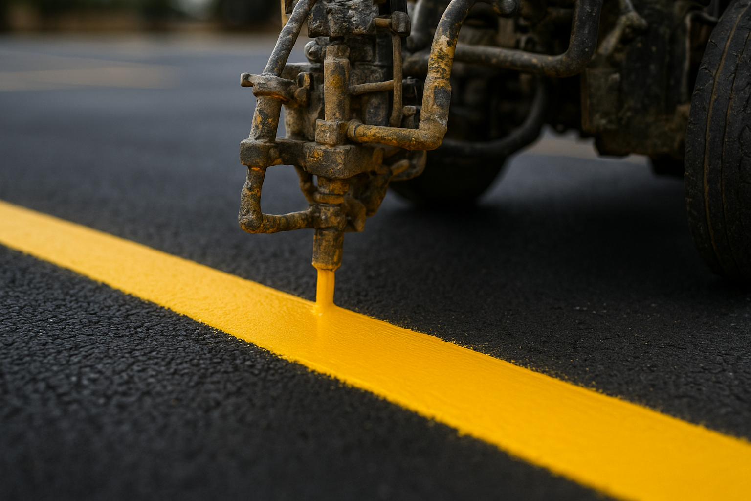 Professional striping machine applying fresh yellow paint lines on a Texas commercial parking lot surface