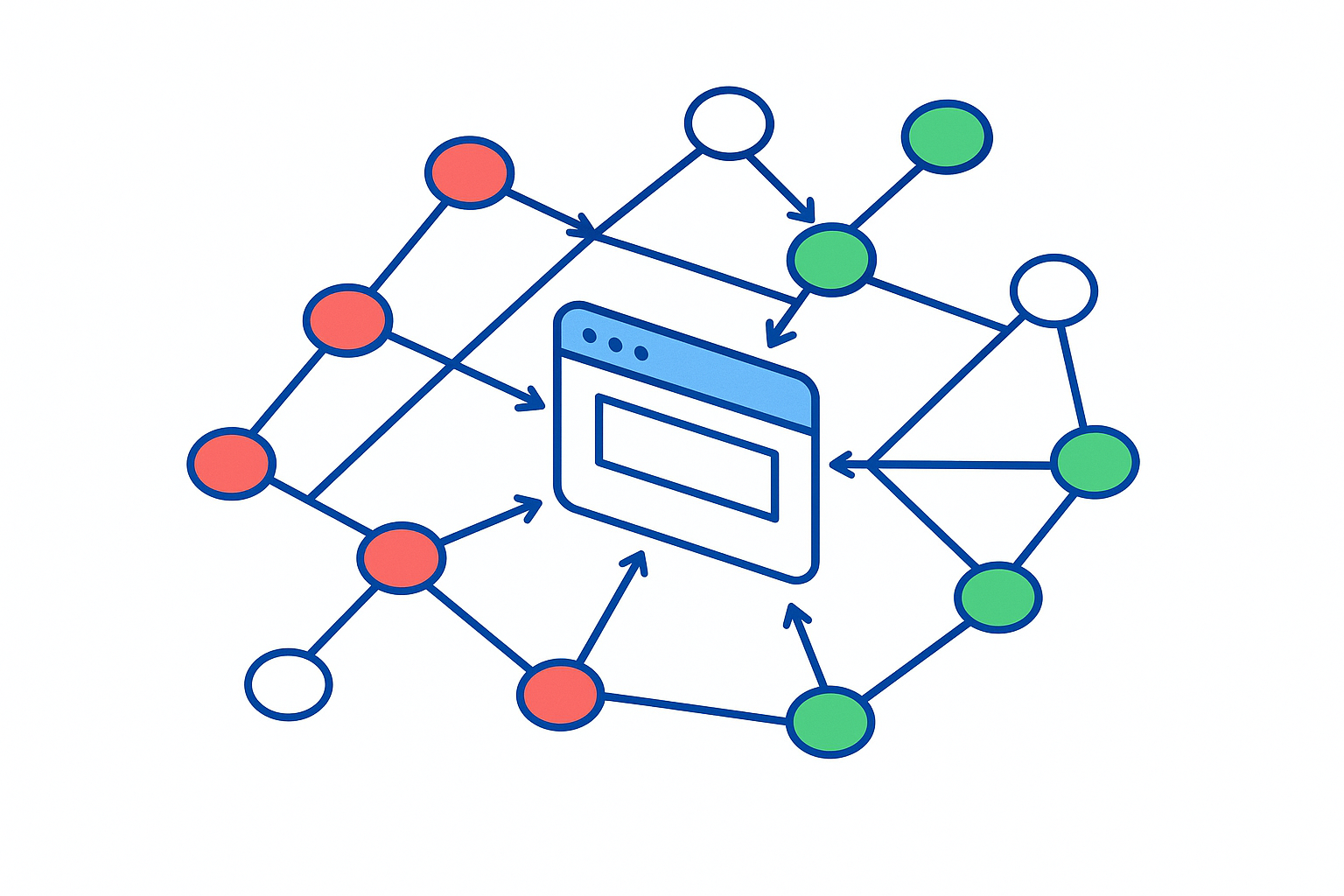 Diagram of a website backlink network with healthy green links and toxic red links highlighted