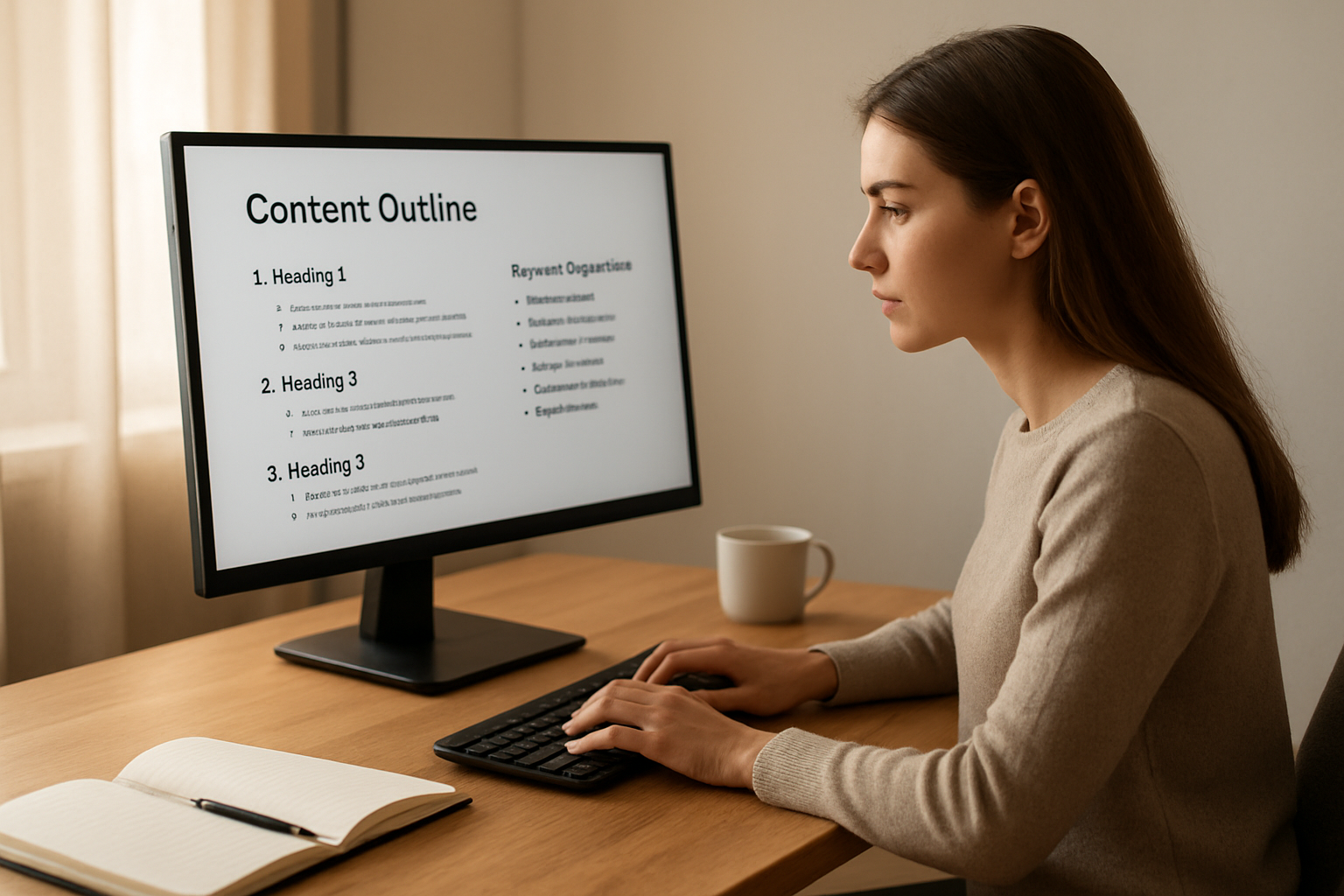 Content writer using an AI SEO tool to build an optimized article brief with keyword suggestions