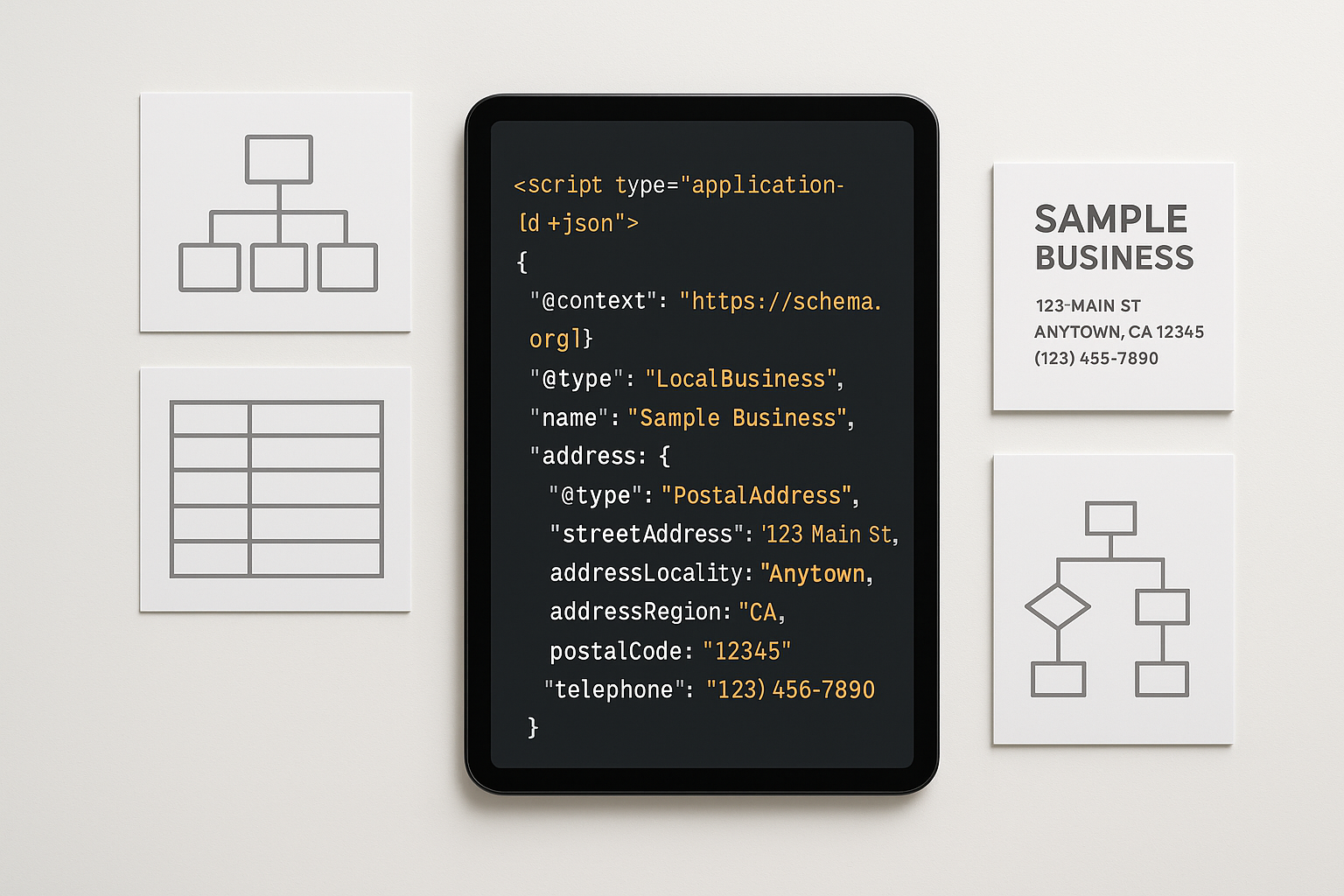 Structured schema markup and local business data cards representing local search optimization signals