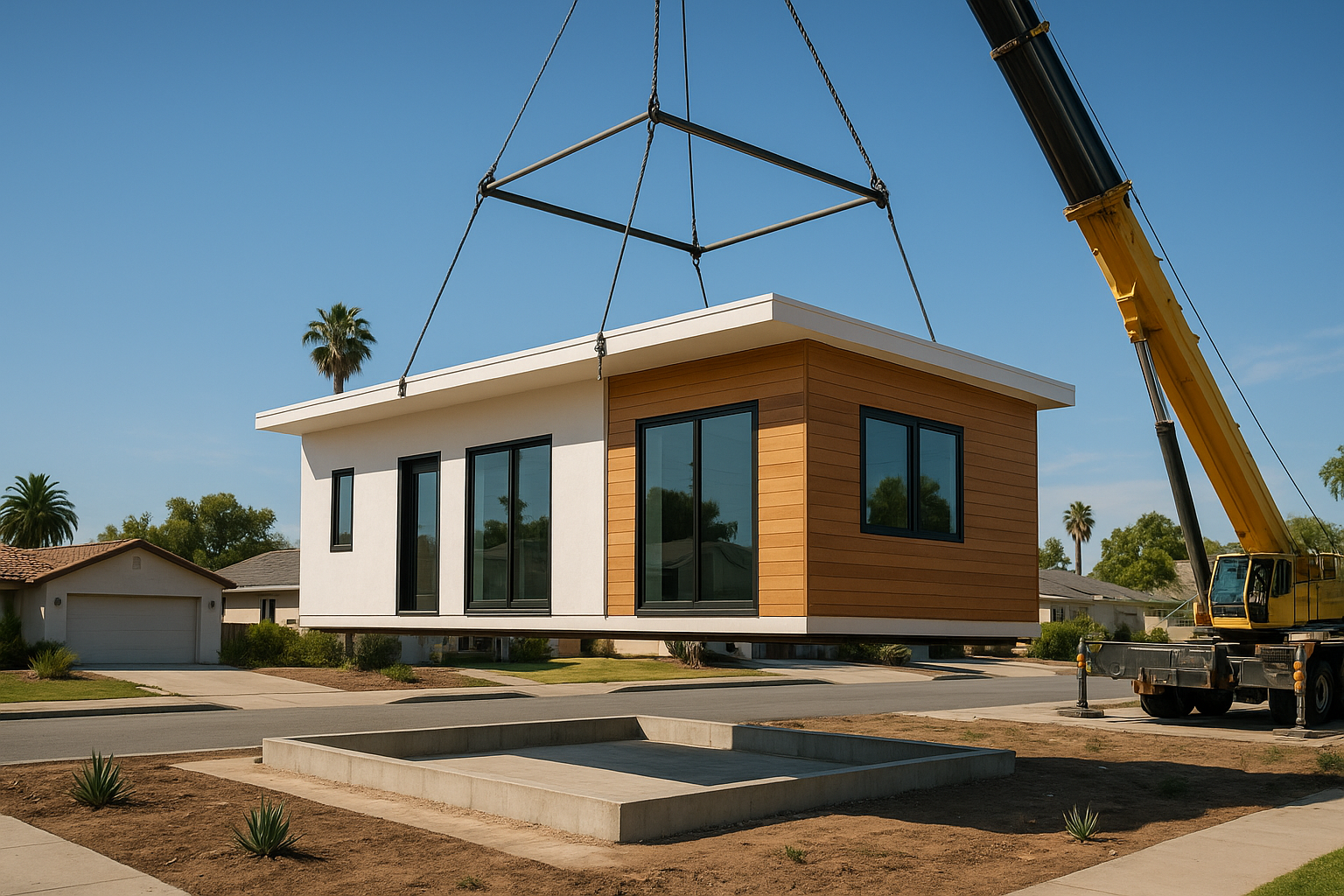 Crane installing pre built homes California residents order from a modular factory