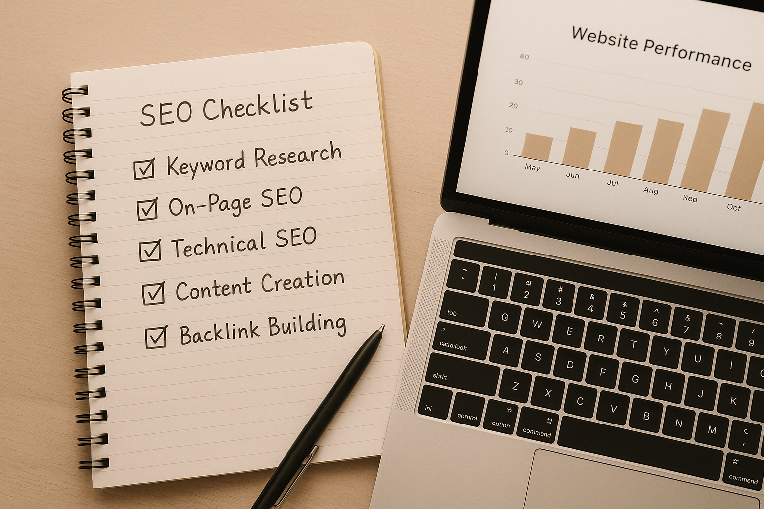 SEO improvement checklist and performance chart showing monthly progress