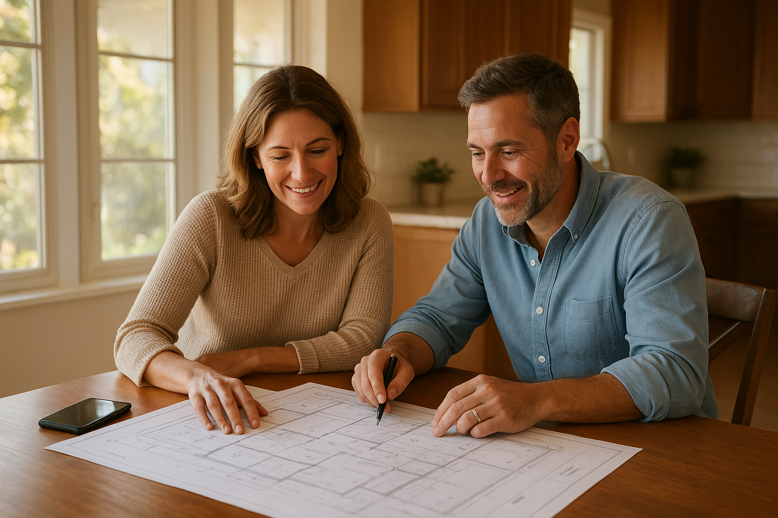 Homeowner and contractor reviewing ADU blueprints in a San Diego home
