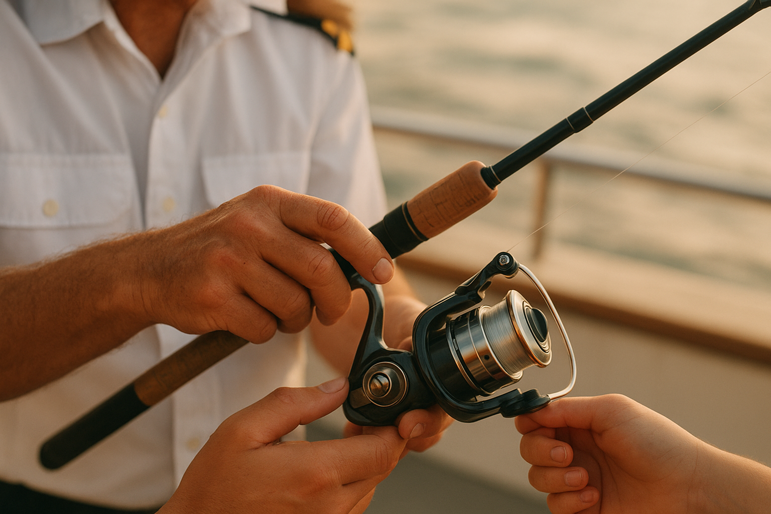 Captain demonstrating reel technique to a beginner during a Myrtle Beach charter