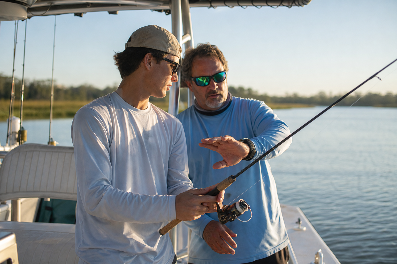 Captain teaching a guest proper casting technique during a hands-on fishing instruction tour