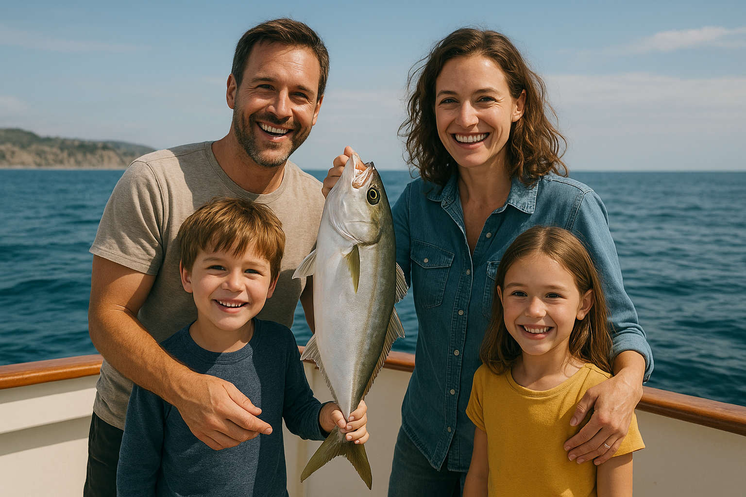 Family celebrating a catch during a family-friendly Myrtle Beach fishing charter