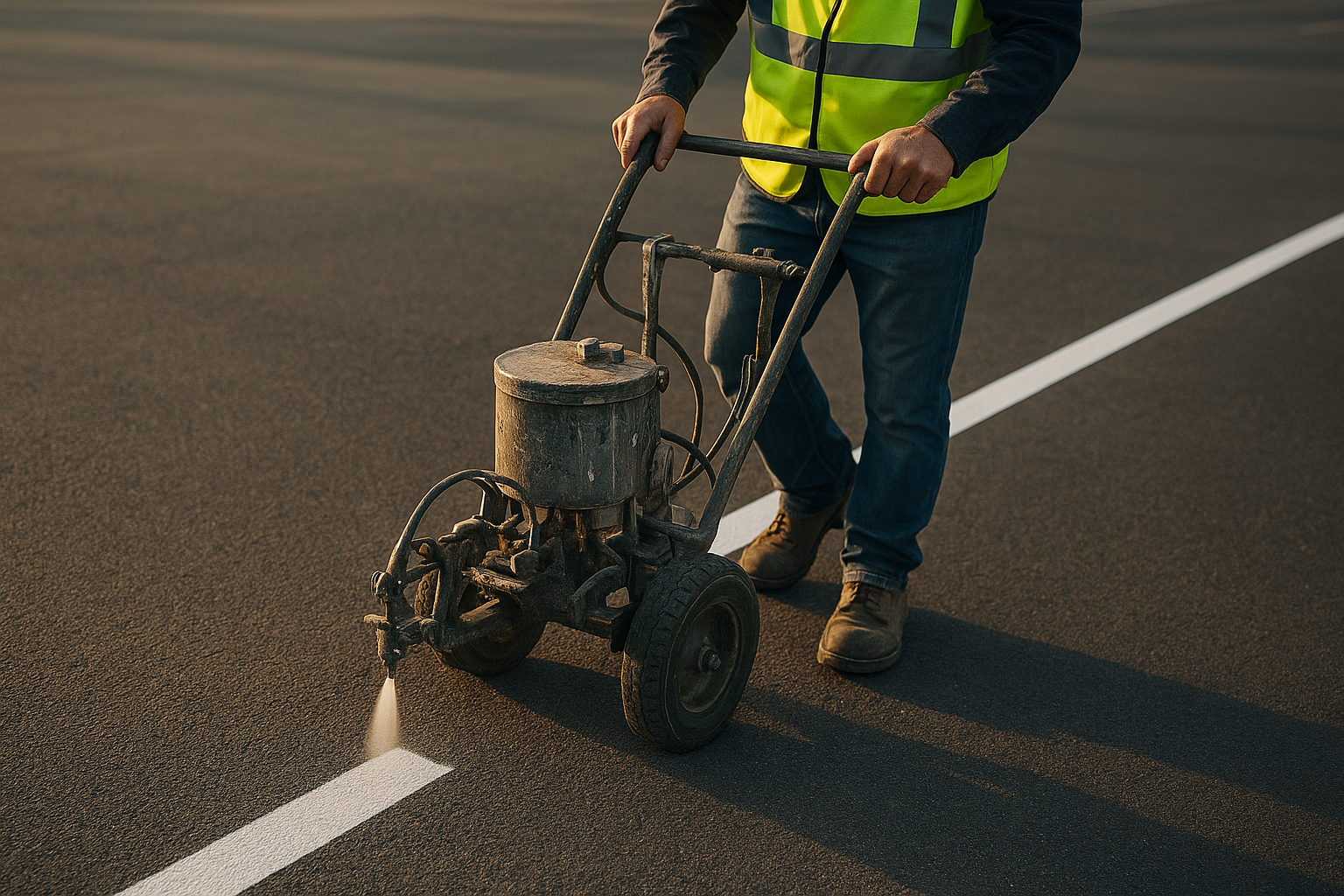 Striping technician applying a straight parking line with professional equipment on a commercial lot