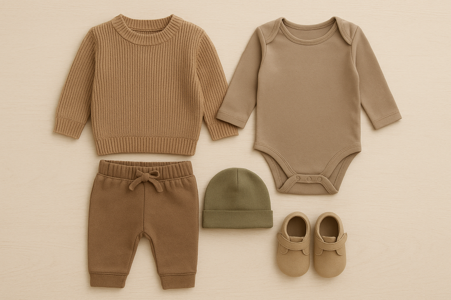 Flat lay of premium toddler outfits offered through a childrens clothing rental plan