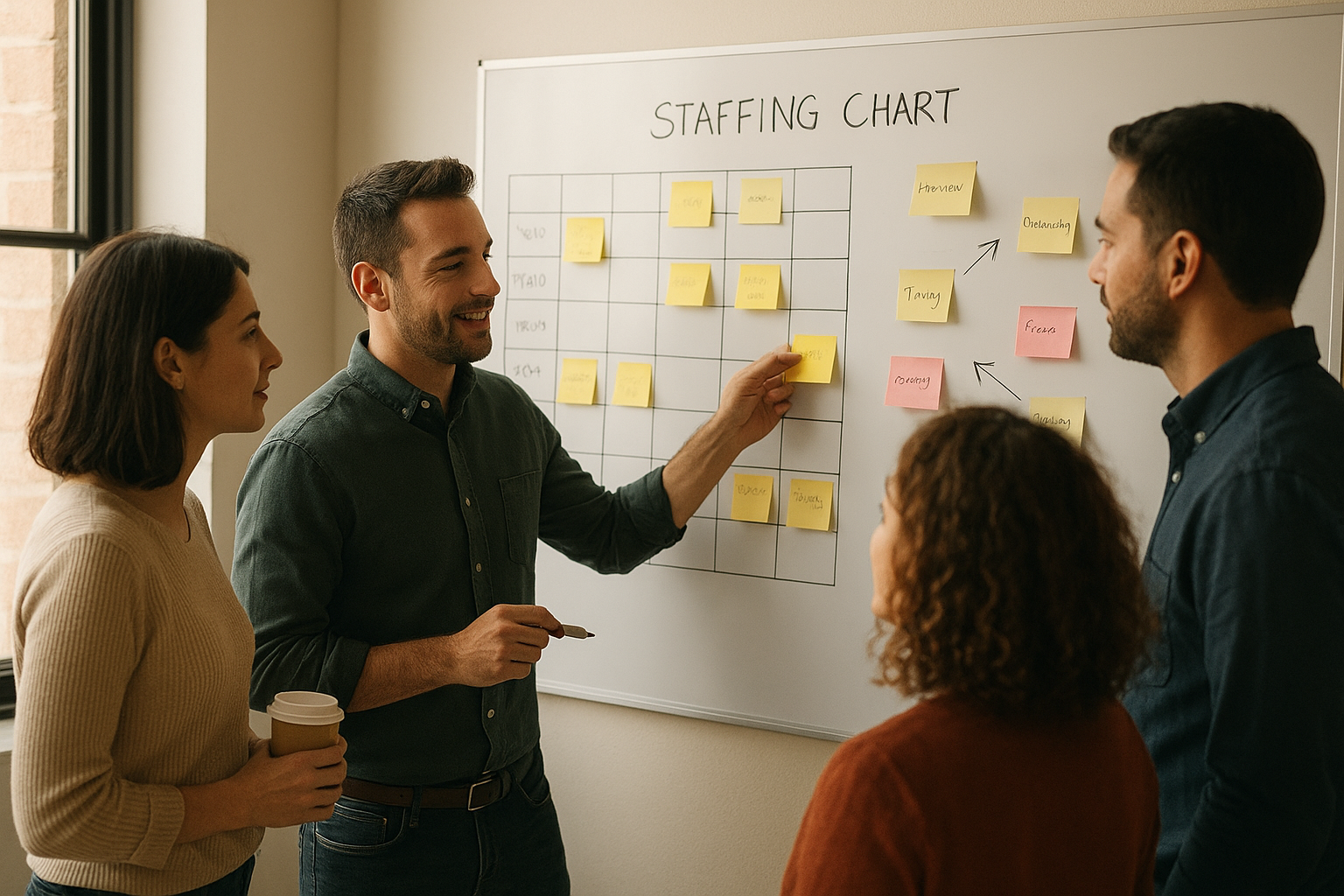 Team lead reviewing a resource management consulting plan on a whiteboard