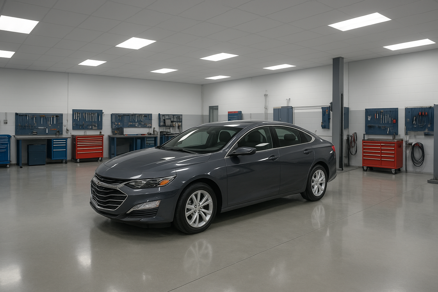 Freshly repainted sedan inside a modern Brea collision repair bay
