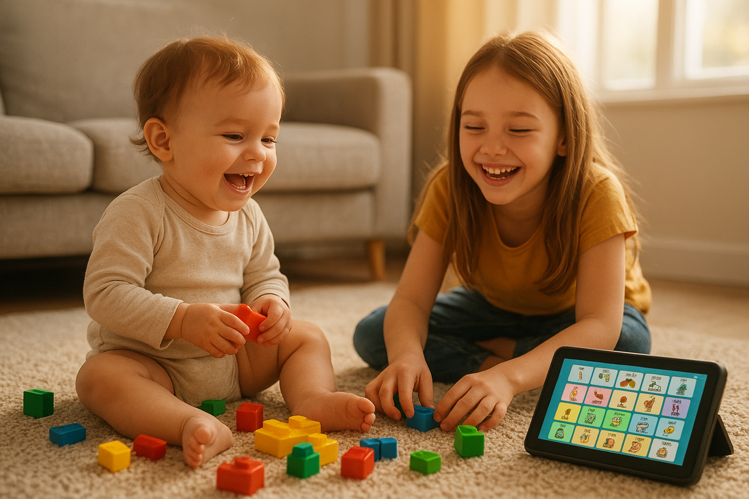 Siblings playing together with an AAC device nearby during home carryover practice