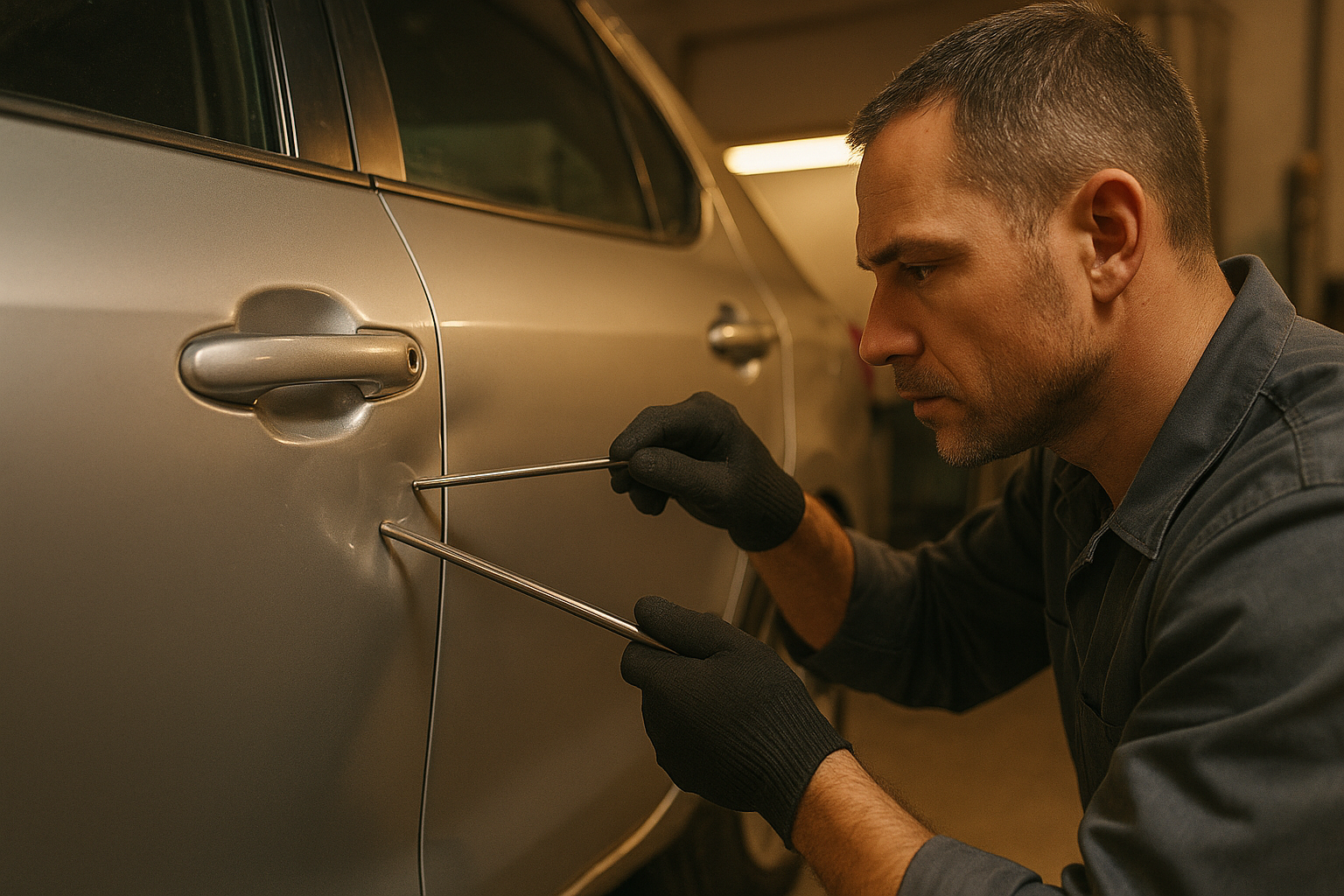 Technician performing dent removal in Brea California using paintless dent repair tools on a car door