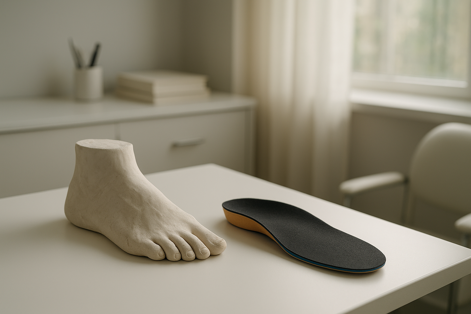 Podiatrist workspace showing foot pain custom solutions including a foot mold and finished orthotic insole