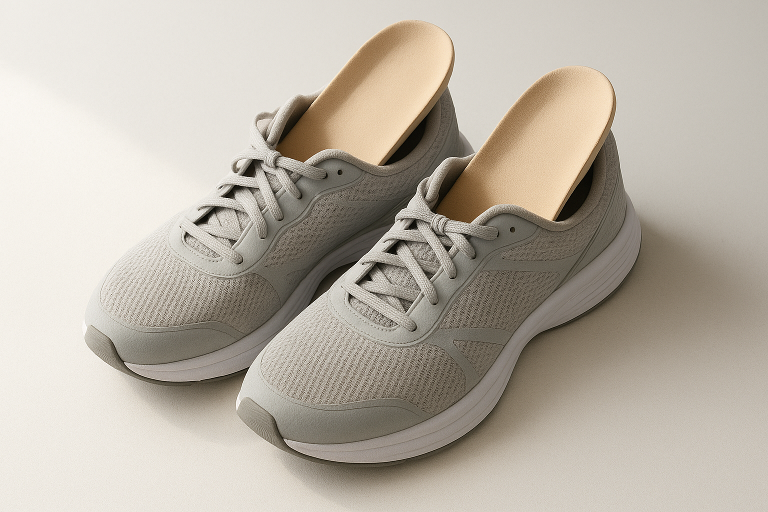Custom orthotic insoles designed as part of treatment for foot stress inside athletic shoes
