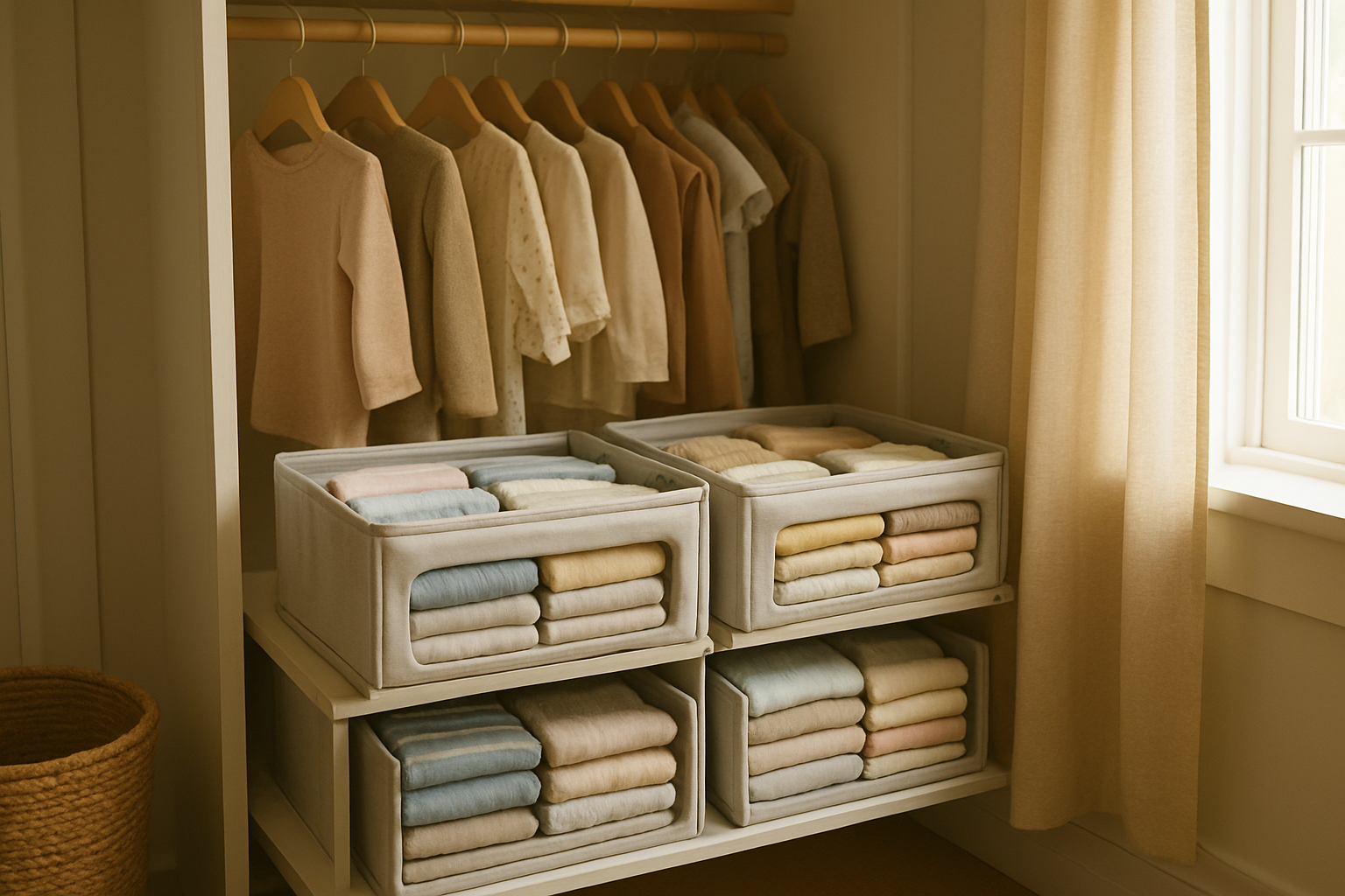 Organized closet showing children's clothing rental for busy parents delivered in a labeled bundle