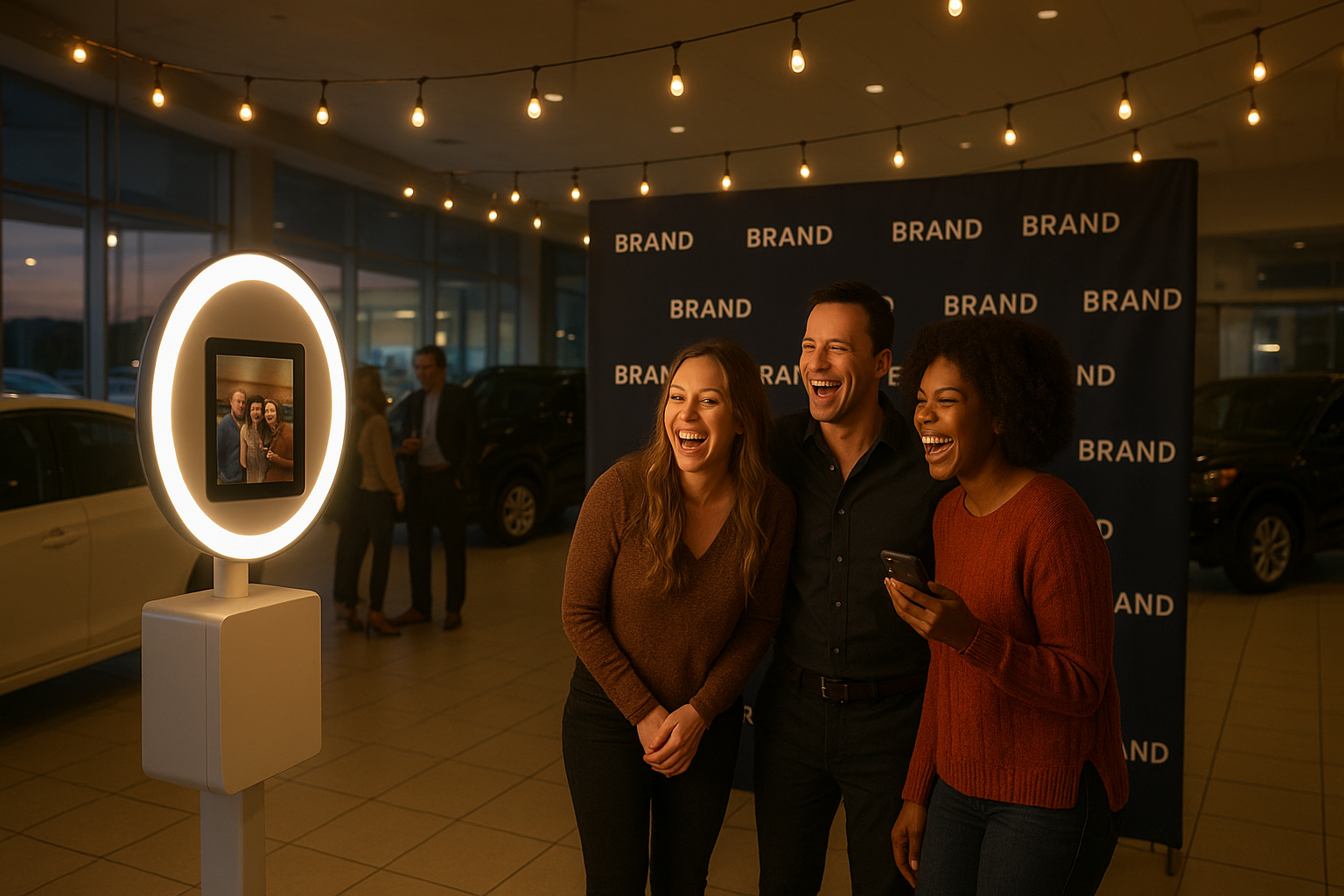 Promotional event photo booth rental Illinois setup inside a car dealership showroom