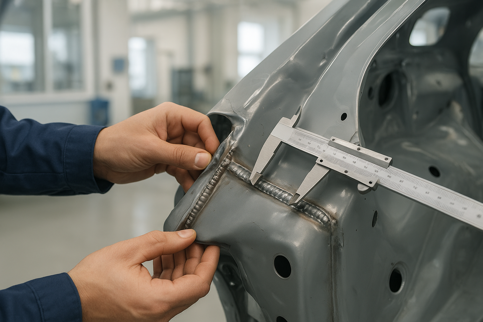 Technician inspecting a welded unibody seam for structural accuracy after collision repair
