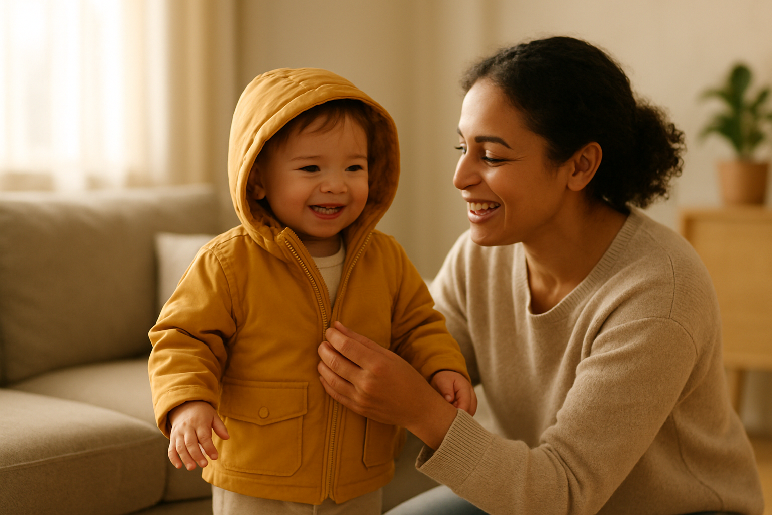 Parent helping toddler try on seasonal clothing from a rental subscription