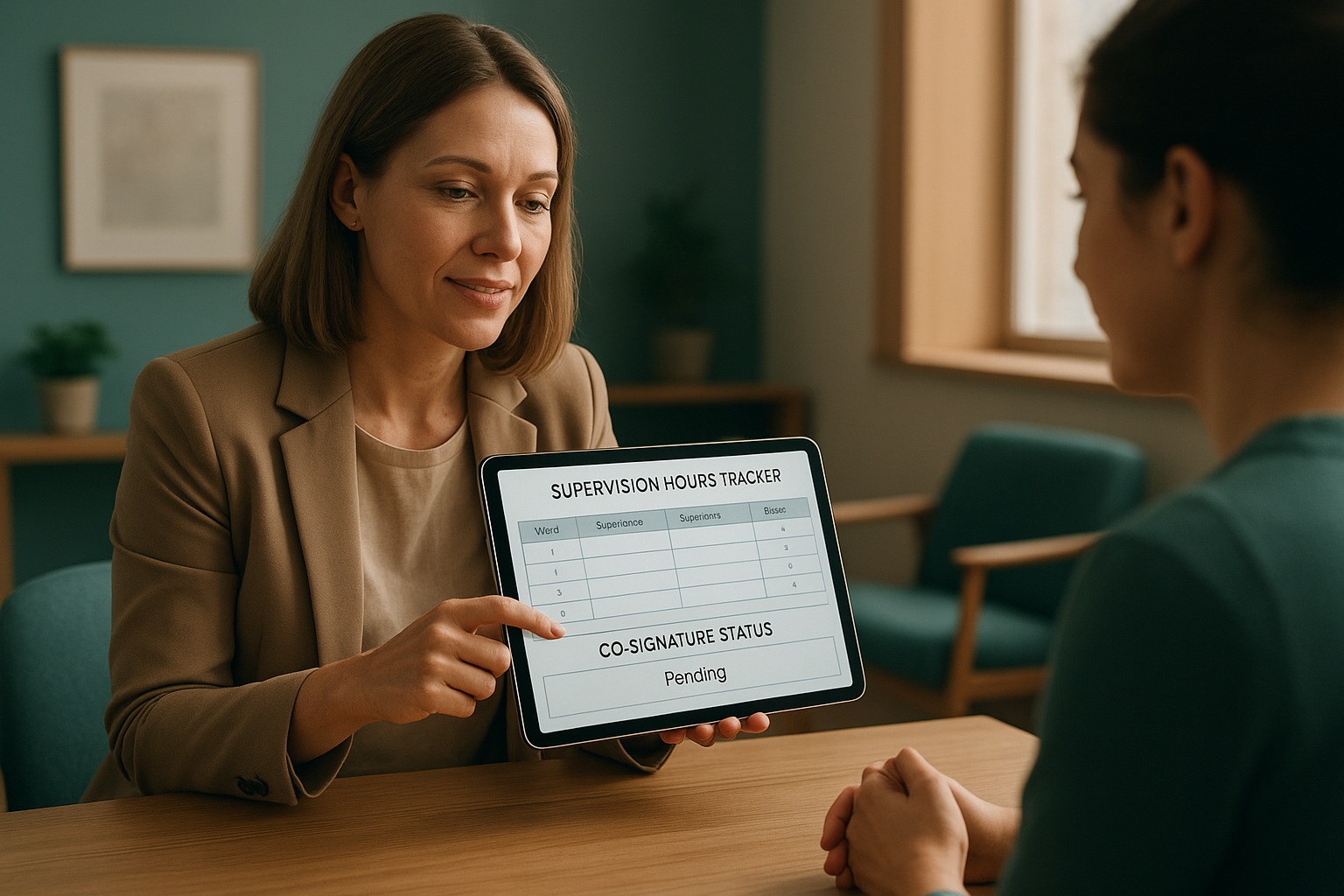 Clinical supervisor reviewing supervision hours and co-signature status on a tablet