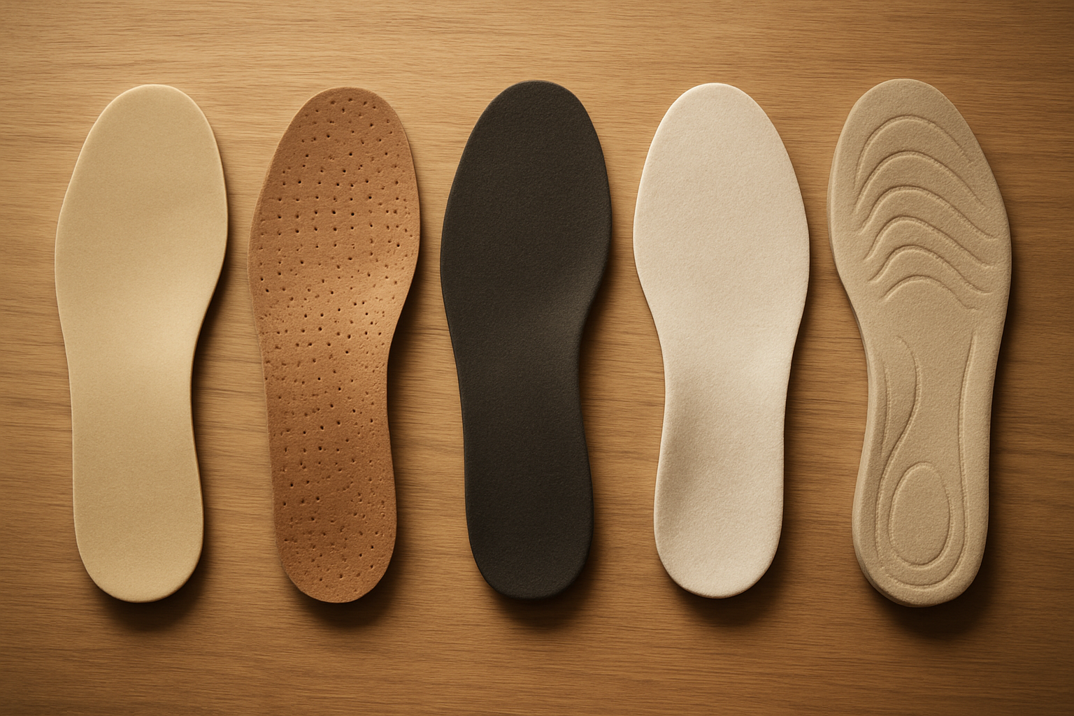 Several insole types arranged side by side to compare arch support and cushioning
