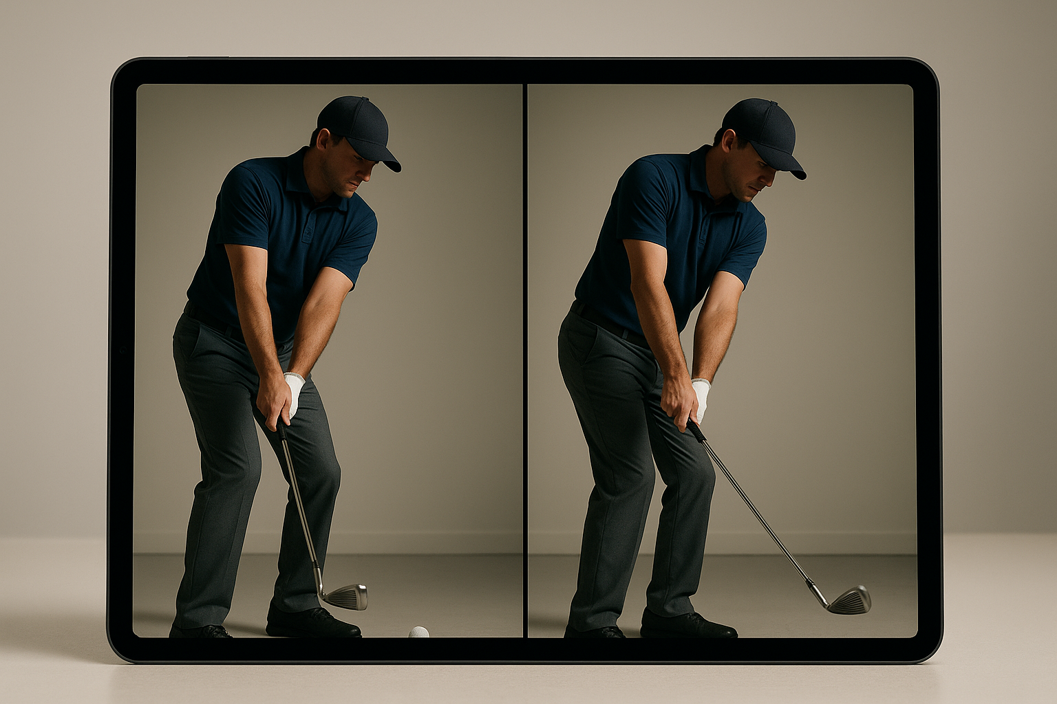 Golfer comparing swing positions to fix golf swing flaws with video analysis on a tablet