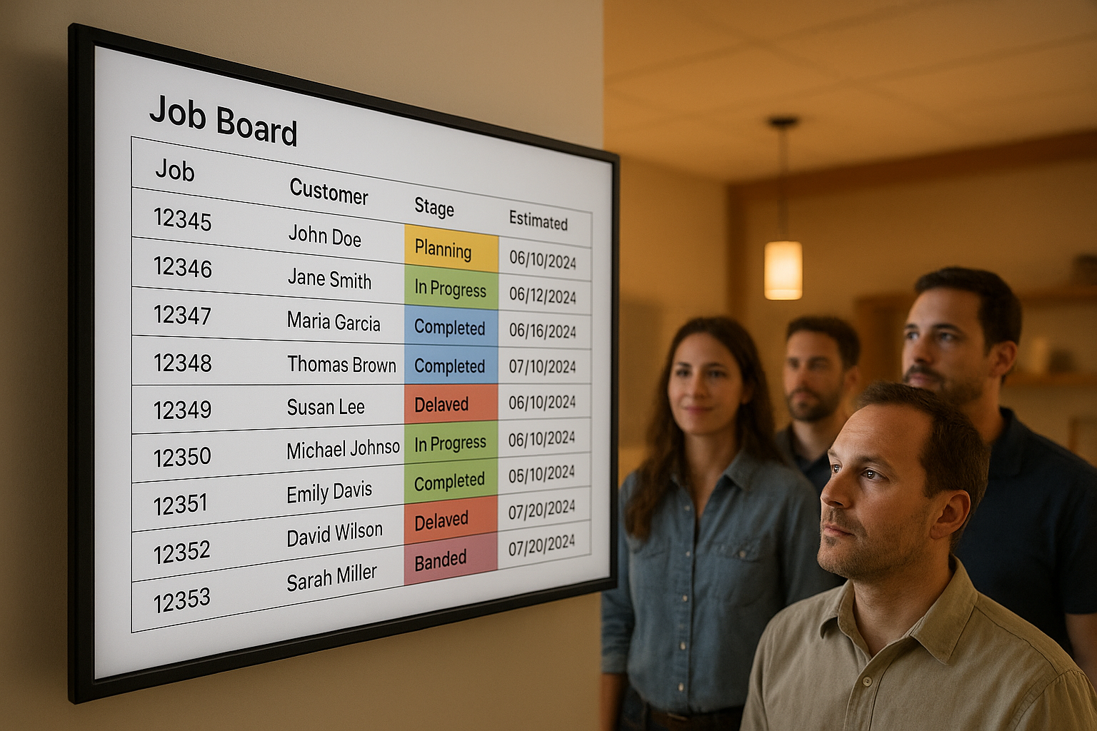 TV job board showing production milestones for multiple home improvement jobs