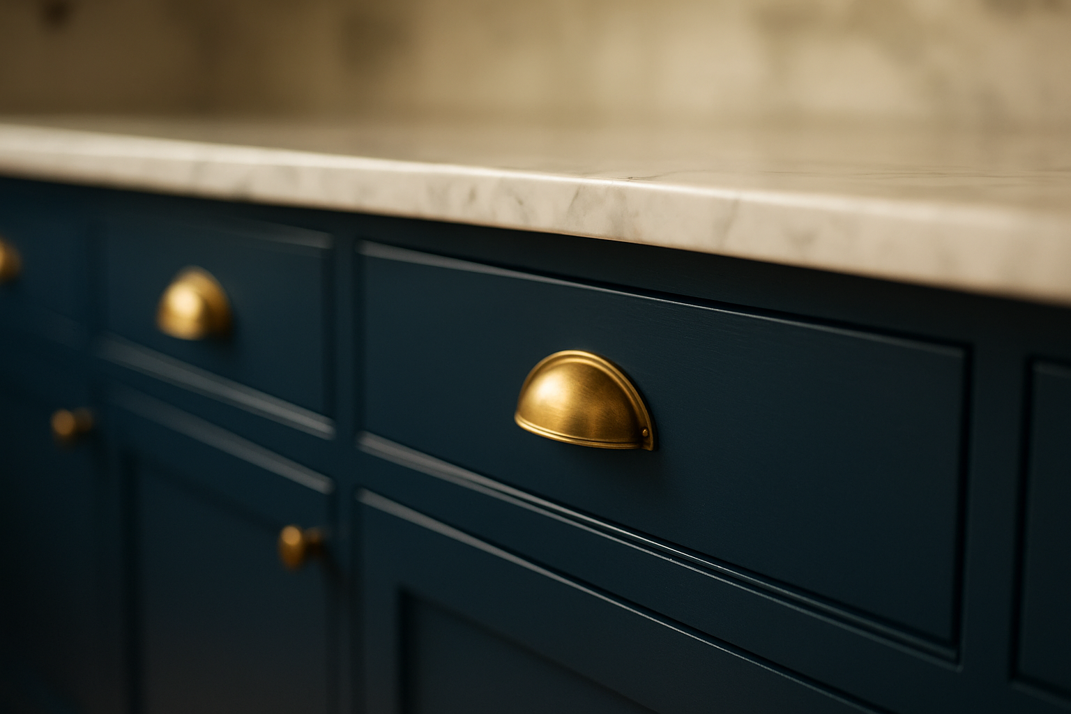 Deep navy blue kitchen cabinets with brass hardware reflecting a popular kitchen cabinet color trend