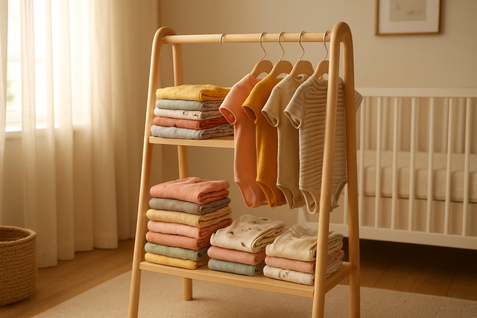 Rack of rotating outfits from an eco-friendly kids apparel subscription service