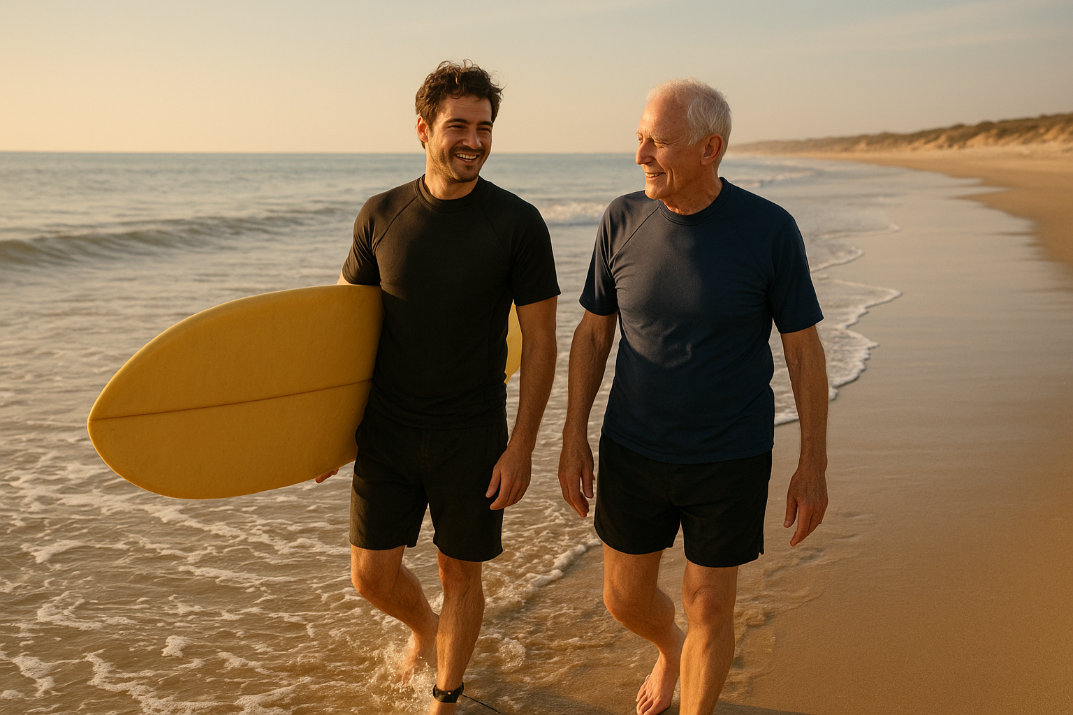 Instructor guiding an older student into shallow water for a beginner surf lesson