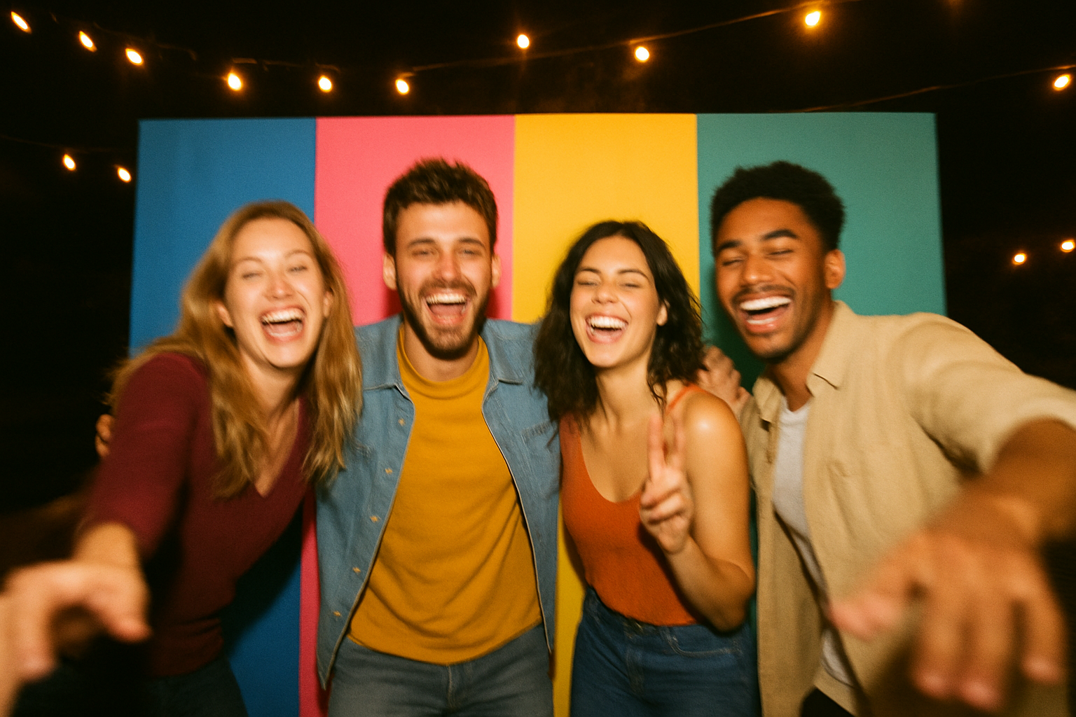 Guests posing for a photobooth gif in front of a party backdrop