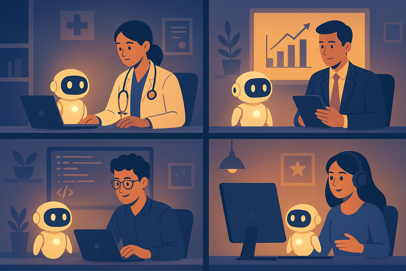 Industries using generative AI including healthcare, marketing, software development, and entertainment