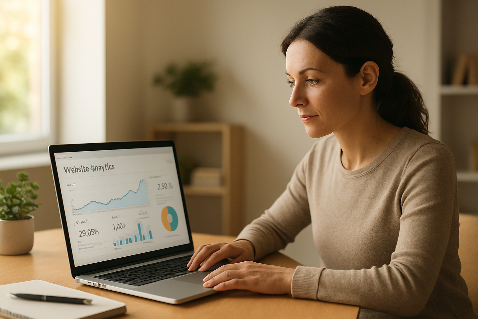 Small business owner reviewing AI-driven SEO analytics on a laptop