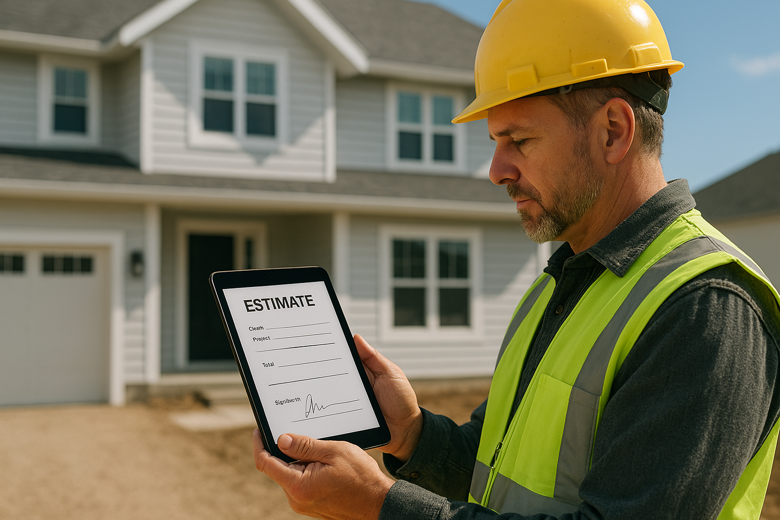 Contractor reviewing a digital estimate and signature on a tablet at a job site