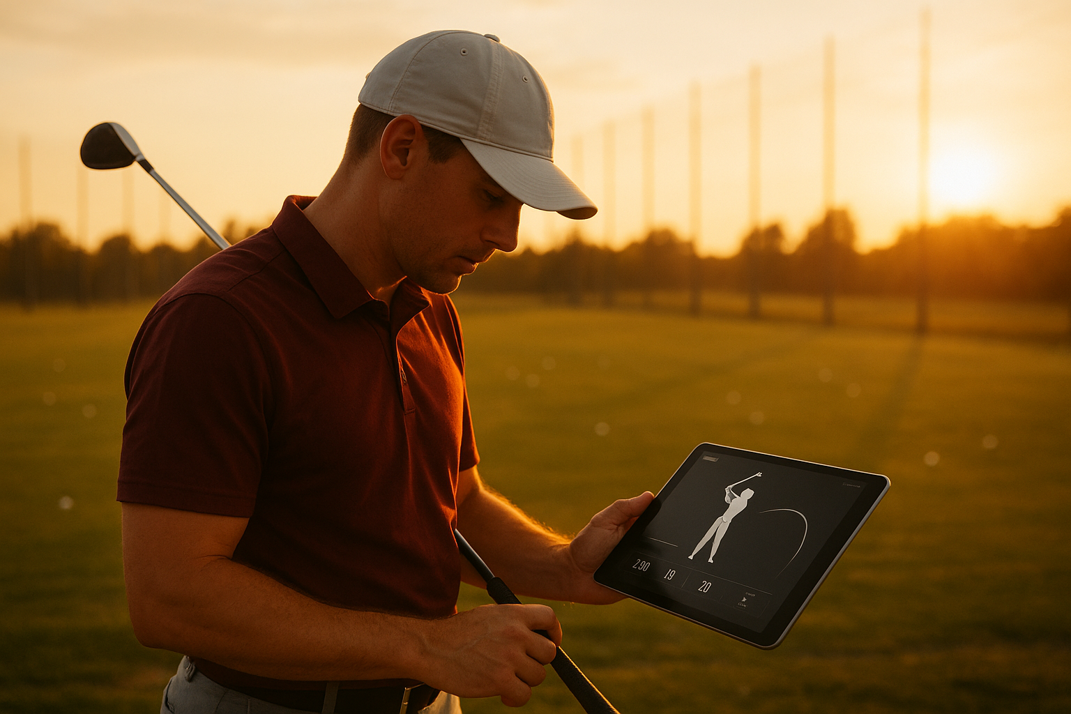 Competitive golfer training remotely with a coach's feedback displayed on a tablet