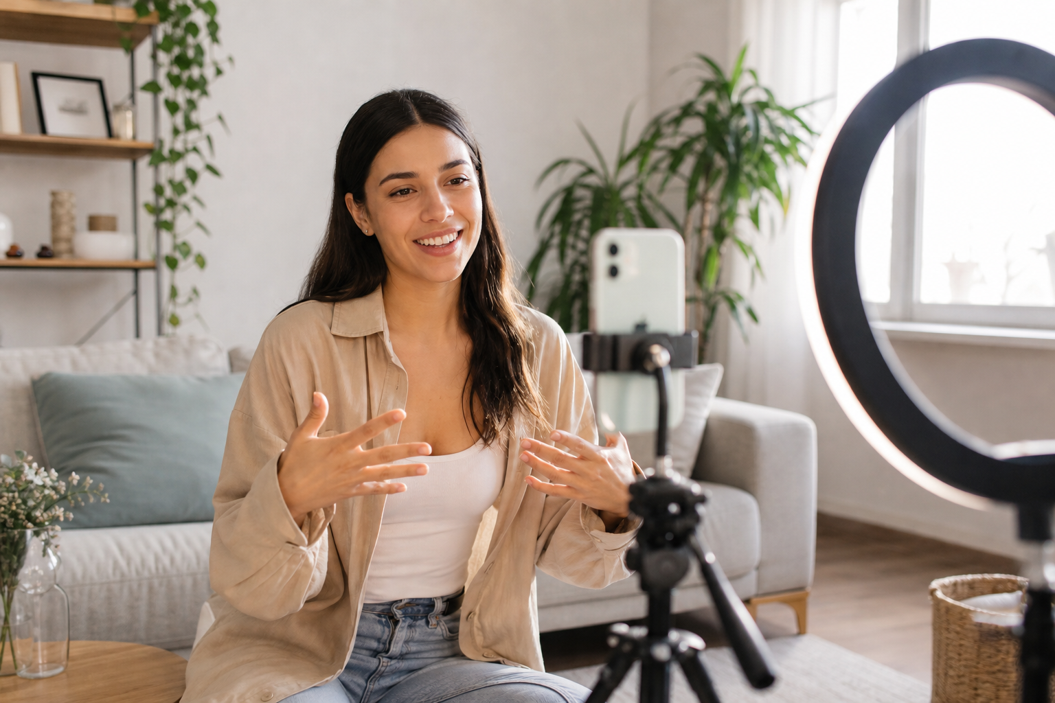 Content creator filming a branded video for an influencer campaign at home